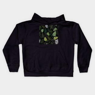 Green fern leaves on black background Kids Hoodie